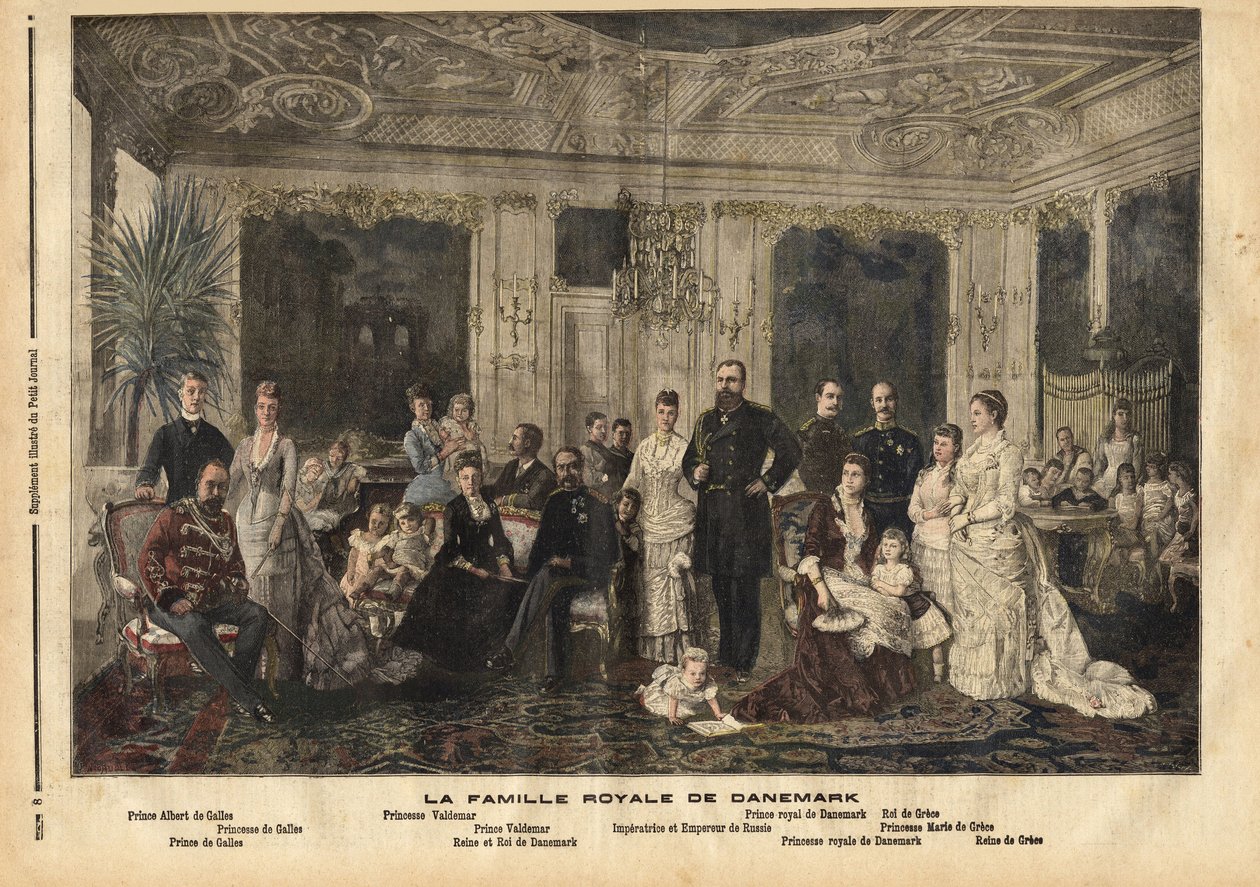 A középen ülő dán királyi család, Lujza hessen-kasseli királynő (1817-1898) és IX. Keresztény dán király (1818-1906) „Európa jóképű atyjának” becézték, mert több gyermekét örökösökhöz adta feleségül. a nagy királyi f alkotó: Unknown artist