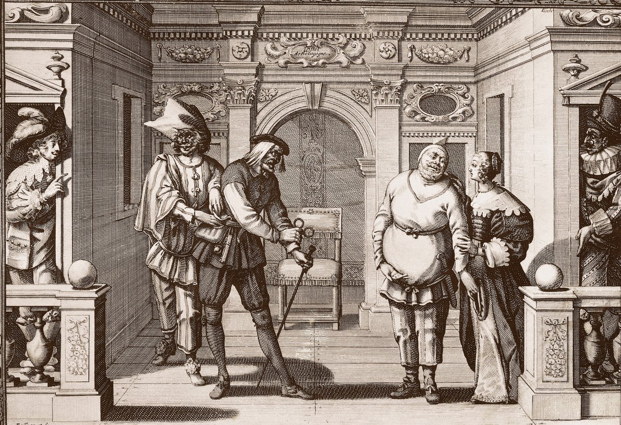 Az Olasz vígjáték királyi társulata a párizsi Hotel de Bourgogne színházában, a rue Mauconseilben alkotó: Unknown artist