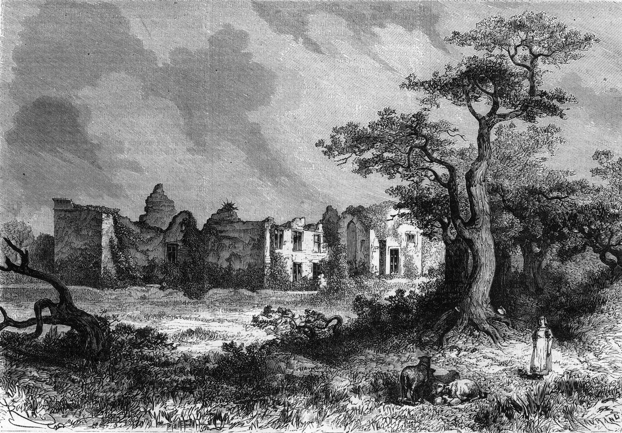A Chateau de la Mailleraye romjai Parthenay közelében, a Deux-Sevres (Deux Sevres) megye a Poitou-Charentes régióban (Poitou Charentes). Metszet a „"The Illustrious Universe"-be alkotó: Unknown artist