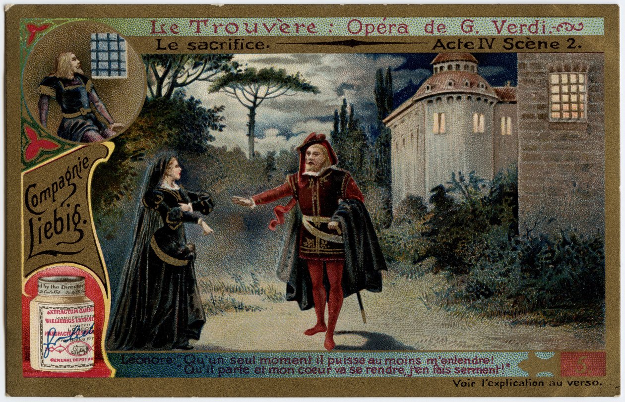 Az áldozati felvonás IV. jelenet 2. Illusztráció Giuseppe Verdi (1813-1901) „A lelet” (Il trovatore) című operájához. Kromolitográfia (Chromo) Liebig a 19. század végéről. alkotó: Unknown artist