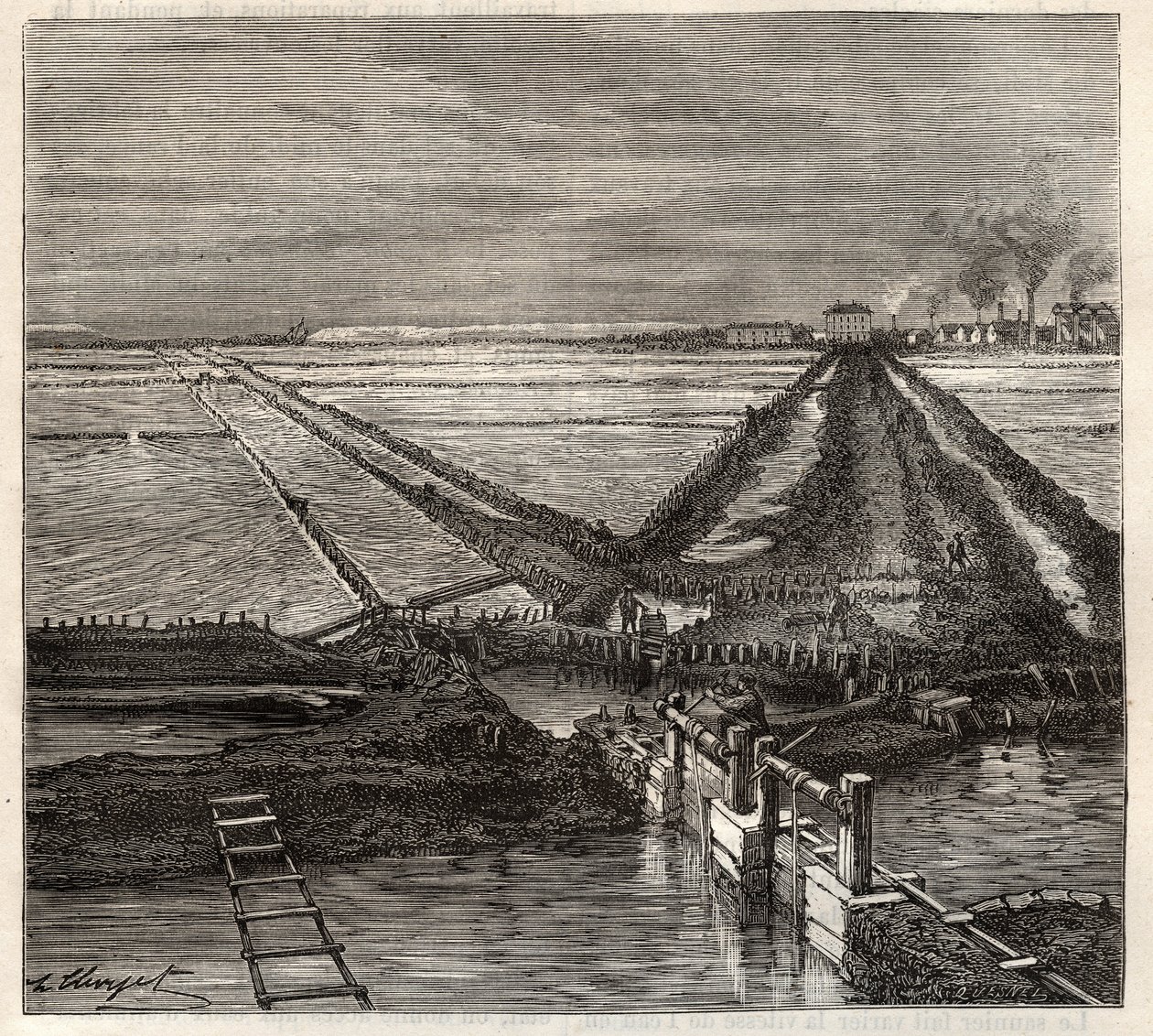 Giraud sós mocsara a Camargue-ban (Bouches-du-Rhone), kilátás a kiszolgáló csatornáról - Louis Figuier „Les Merveilles de l