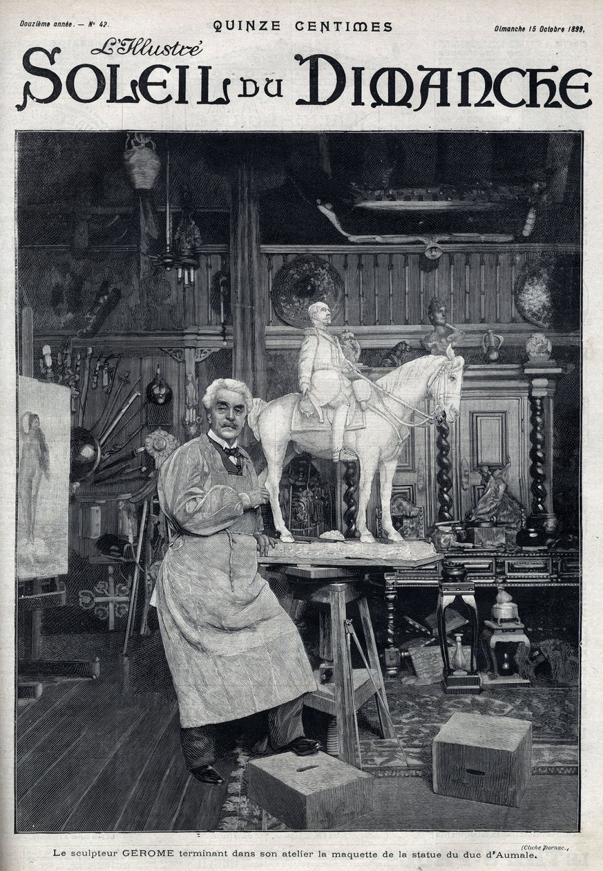 Jean Leon (Jean-Leon) Gerome (1824-1904) szobrászművész műtermében elkészíti Aumale hercege szobrának makettjét – Metszet a „Le sun-du-dimanche”-ban, október 15. alkotó: Unknown artist