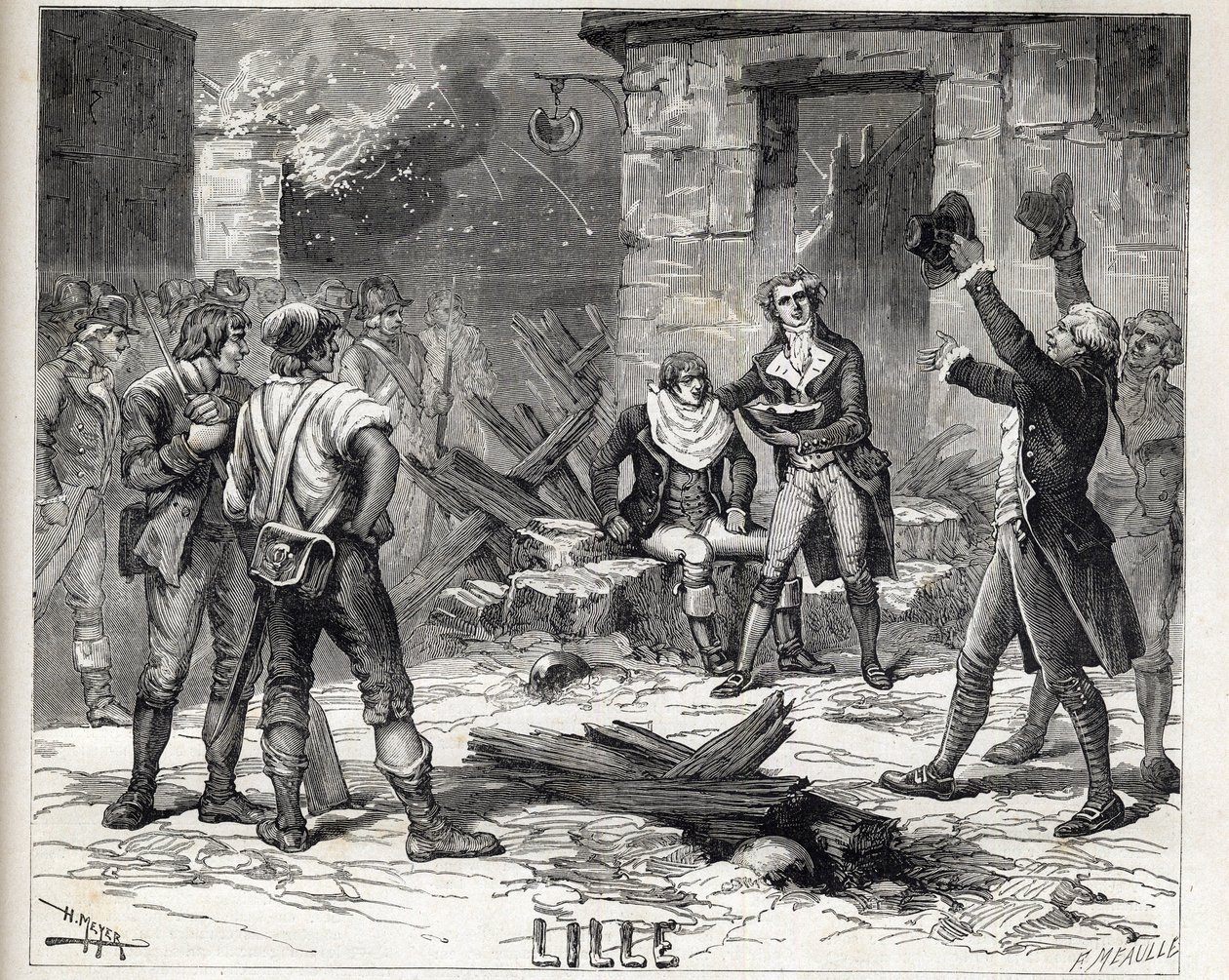 A lillei borotválkozó edény. Egy epizód Lille 1792-es ostromából, a francia függetlenségi háborúk idején – Lille ostroma 1792-ben: a Maes-paróka egy bombát használ szakálltálként, hogy leborotválja a klienst - alkotó: Unknown artist