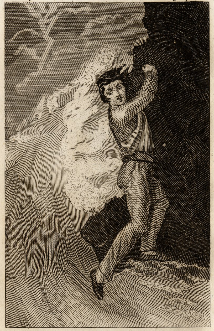 Robinson Crusoe hajótörése, metszet beszúrva Daniel Defoe (1660-1731) „Robinson Crusoe kalandjai”-ba, a librairie d