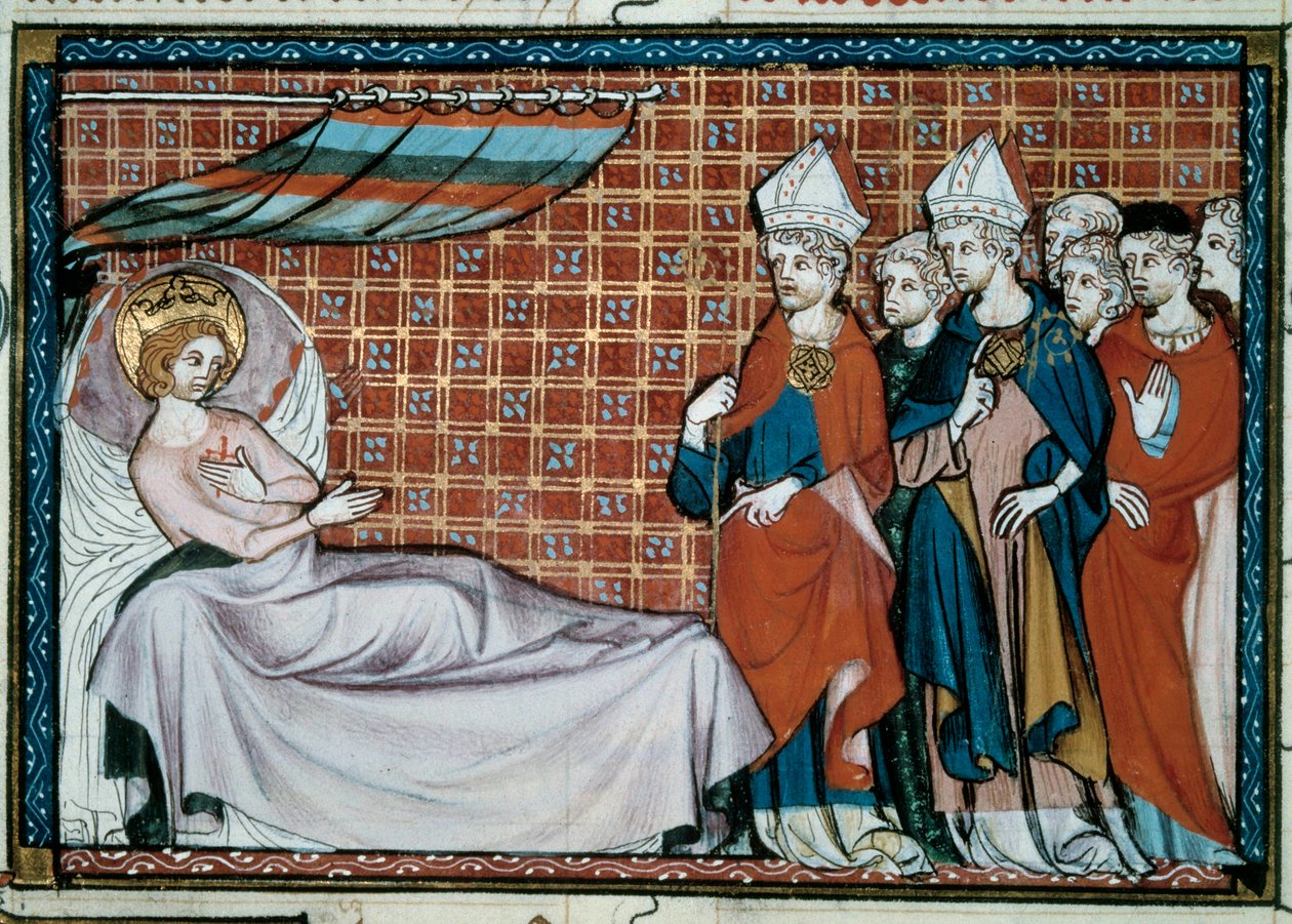Franciaország beteg királya, Szent Lajos (IX. Lajos) (1214-1270) rokonaihoz és a papsághoz fordul. Miniatűr Szent Pátusi Vilmos „Szent Lajos élete és csodái” című kéziratából alkotó: Unknown artist