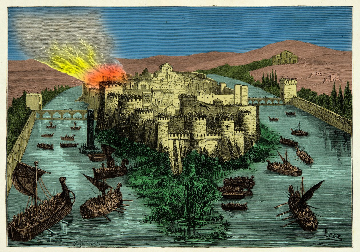 Párizs 845-ös ostroma a vikingek által Ragnar Lodbrokkal az élükön, Metszet XIX. alkotó: Unknown artist