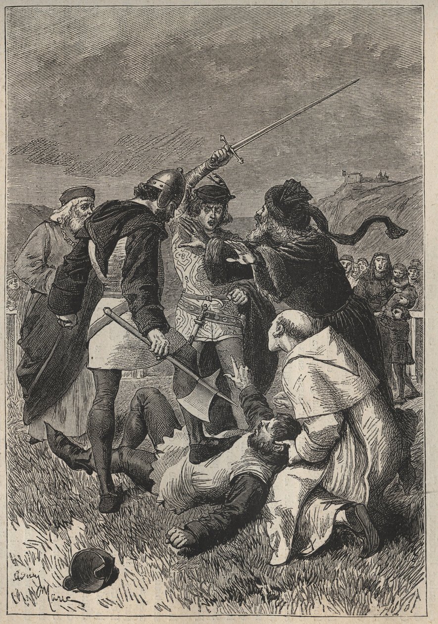 Rothsay rágalmazása – 19. századi illusztráció Walter Scott (1771-1832) „A perthi csinos lány vagy a Valentin-nap (vagy a perthi szép szobalány)” című történelmi regényéhez alkotó: Unknown artist