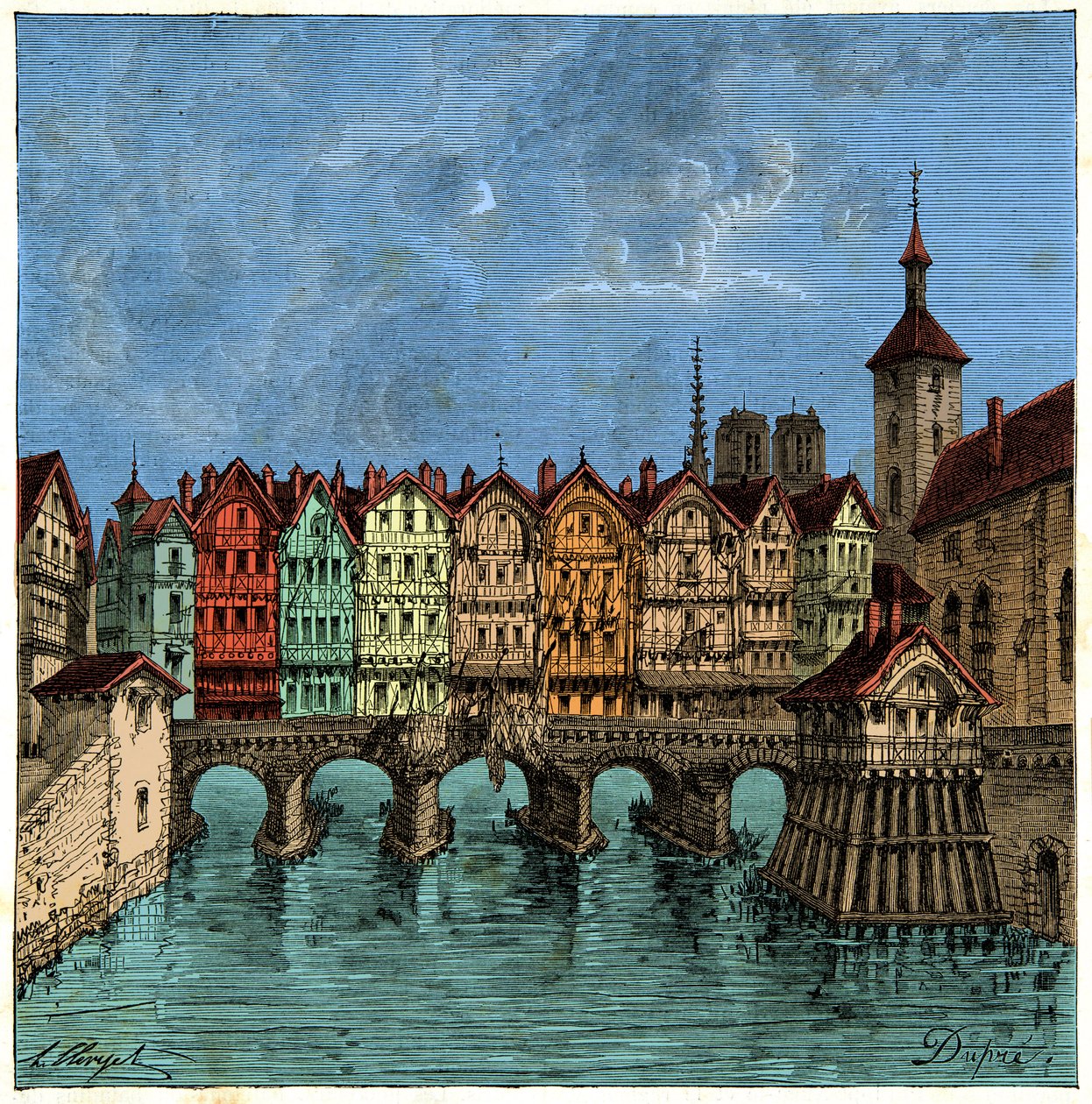 A kis híd, amely később a Pont au Change volt Párizsban a középkorban, Metszet XIX alkotó: Unknown artist