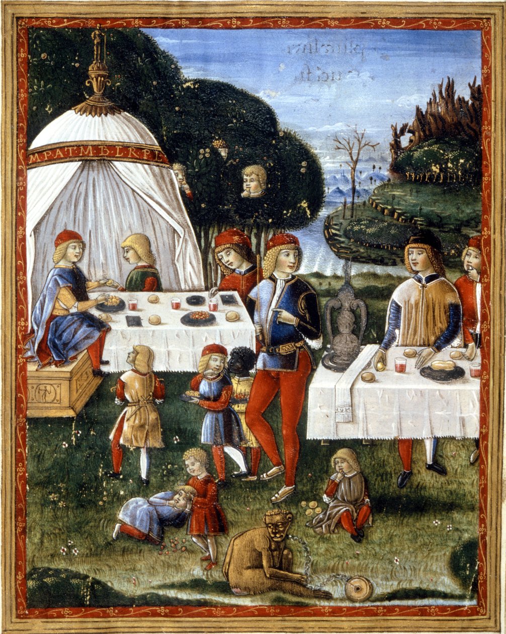 Maximilian Sforza (1490 - 1530) uzsonnája a parkban. Miniatűr 15. századi kéziratból. Milánó, Biblioteca Trivulziana. alkotó: Unknown artist