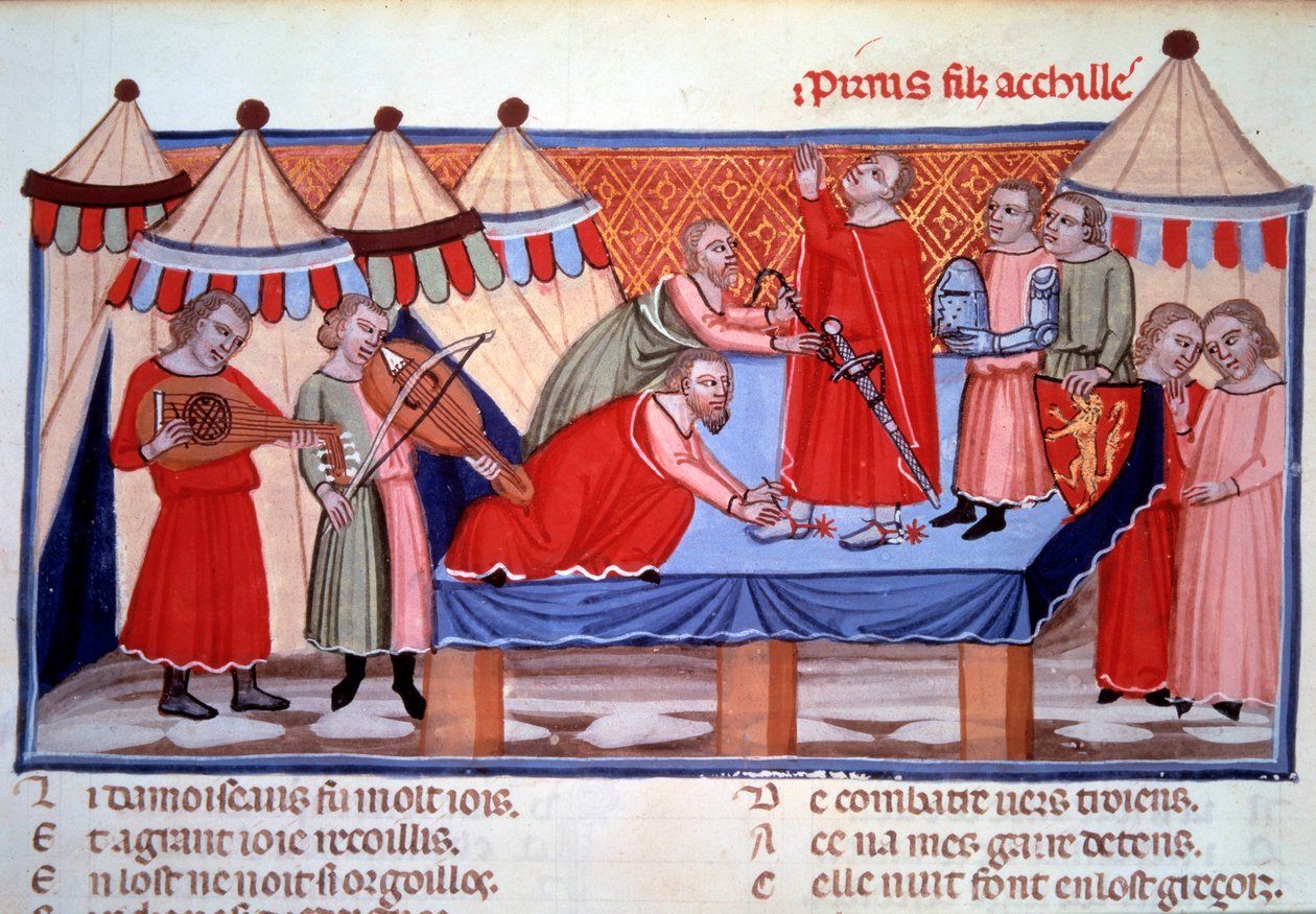 Pyrrhusnak, Akhilleusz fiának meglágyulása. Miniatűr a „Le roman de Troie”-ból, Benoit de Sainte-Maure (12. század vége), normann költő 1160-1170 körül valósította meg Alienor d