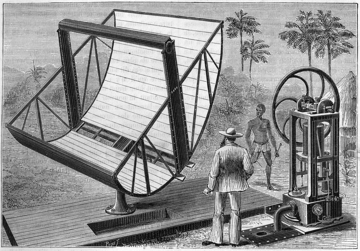 A napelemes gépet 1883-ban kísérletezte ki John Ericsson (1803-1889), svéd származású amerikai mérnök, a napenergia felhasználásának egyik atyja. a természetben. A tudományok áttekintése és alkalmazásaik a művészetben és az iparban.” alkotó: Unknown artist