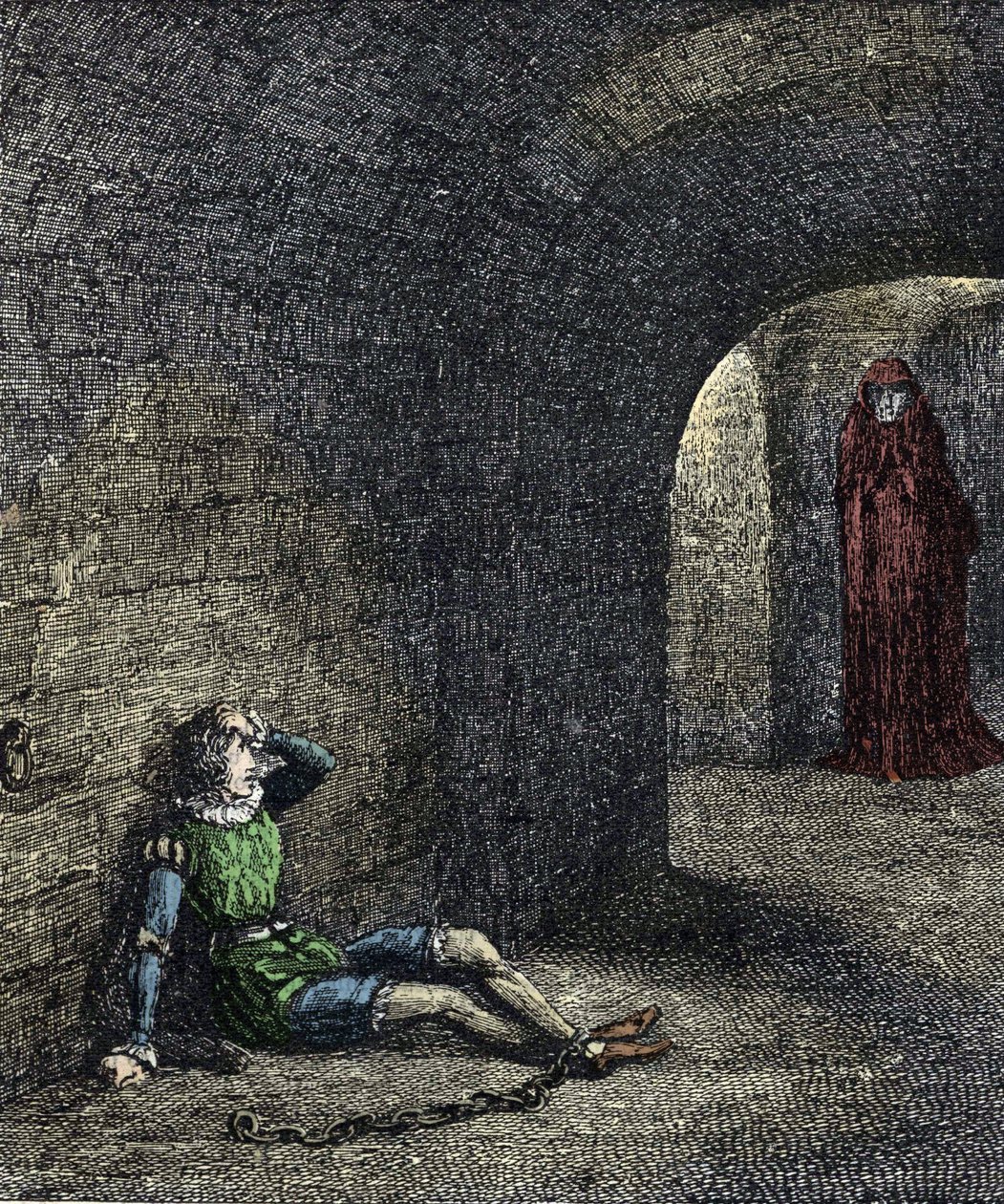 A torony kísértete A fogolyláncok egy börtönben szellemet látnak maga előtt. Illusztráció: William Harrison Ainsworth „A londoni torony” 19. század alkotó: Unknown artist