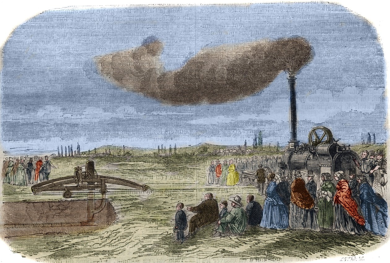 Albert Fry (1830? -1903) és John Fowler (1826-1864) által feltalált gőzelvezető egy mechanikus vízelvezető művelet során Versailles közelében. Metszet 1856-ból a „Tudományok Múzeumában”” alkotó: Unknown artist