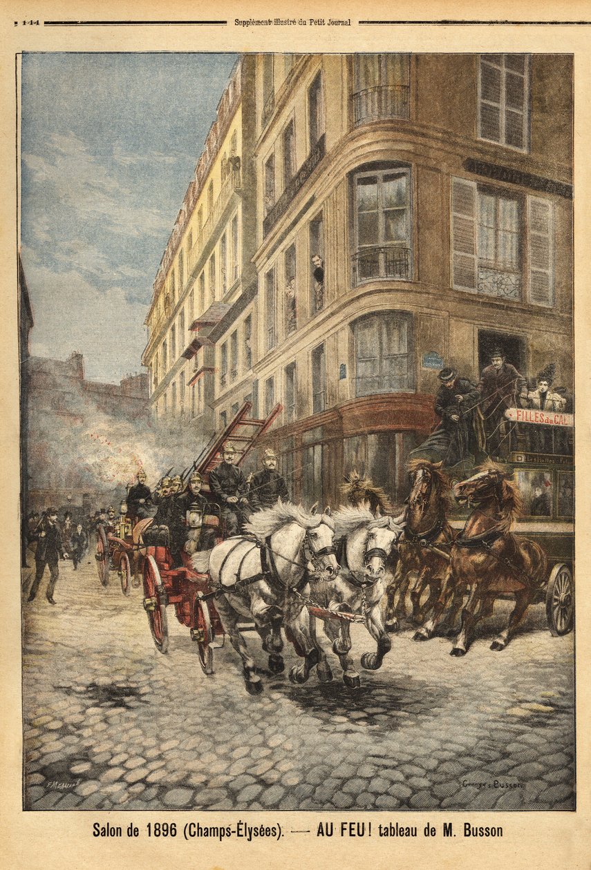 A párizsi tűzoltók gőzszivattyúja és járművei Busson úr festménye szerint. Metszet a „” Le petit journal”-ban 1896.03.05. Selva gyűjteménye. alkotó: Unknown artist