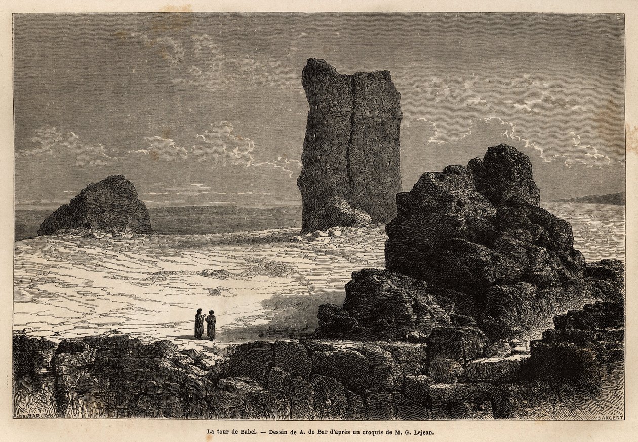 Birs Nimroud kirakati romjai, amelyeket az akkori bagdadi (Irak) turistaközösség Bábel mitikus tornyaként azonosított. Guillaume Lejean engravure pour illustrrer le voyage dans la Babylon, en 1866, „Le tour du monde, nouveau j” alkotó: Unknown artist