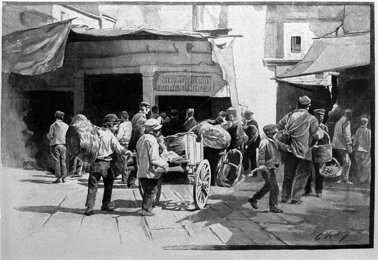 Az utcai árusok és a Vuccirla kerület sétája Palermóban Szicília 19. századi metszet alkotó: Unknown artist
