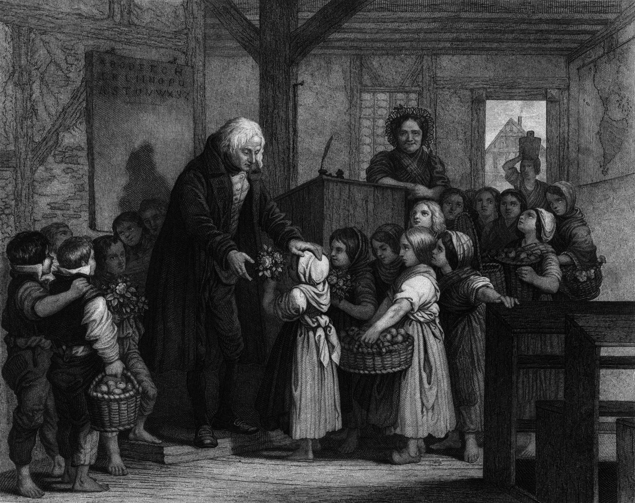 Egy osztály diákjai összejönnek, hogy virágot adjanak iskolai tanáruknak a születésnapján. századi metszet alkotó: Unknown artist