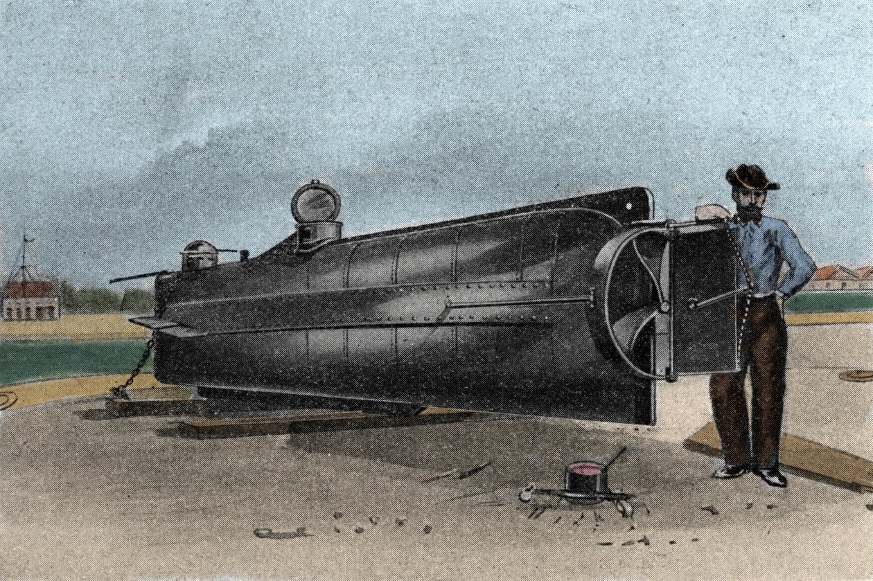 A CSS H. L. Hunley tengeralattjáró (tengeralattjáró), amelyet a Konföderációs Államok haditengerészete használt a szecessziós háború során. 1861-1865 19. századi metszet alkotó: Unknown artist