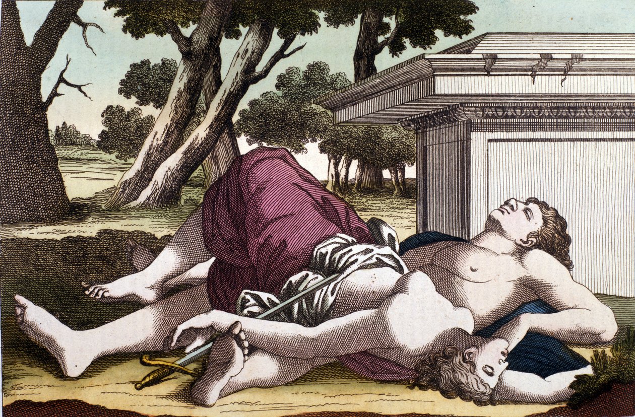 Pyramus (Pirame) öngyilkossága a murier alatt és Thisbe halála. Pyramus meg volt győződve arról, hogy az oroszlán felfalta Thisbét, és a vérével beborította a fehér erkölcsöt. Thisbe, aki elbújt, hogy elmeneküljön az oroszlán elől, szerelmét holtan találja alkotó: Unknown artist