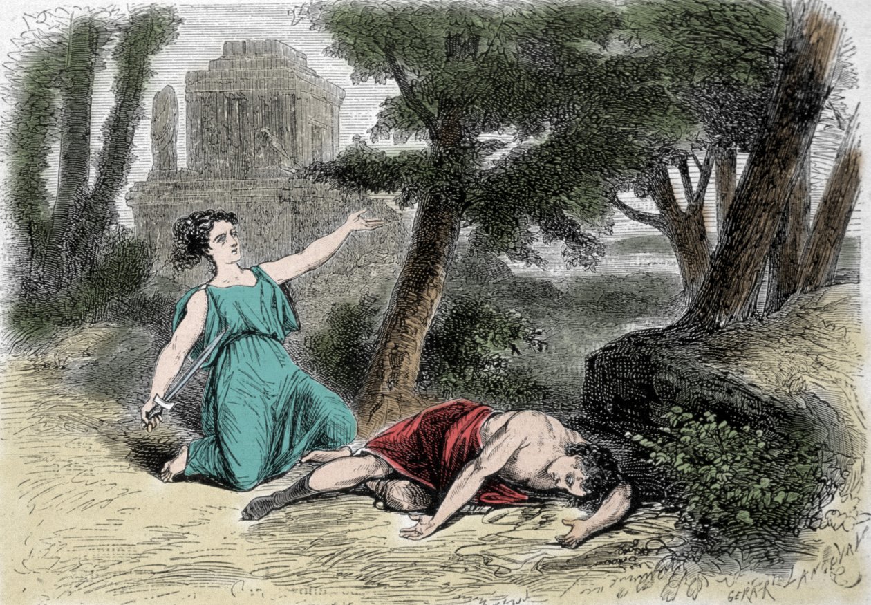 Pyramus (Pirame) öngyilkossága a murier alatt és Thisbe halála. Pyramus meg volt győződve arról, hogy az oroszlán felfalta Thisbét, és a vérével beborította a fehér erkölcsöt. Thisbe, aki elbújt, hogy elmeneküljön az oroszlán elől, szerelmét holtan találja alkotó: Unknown artist
