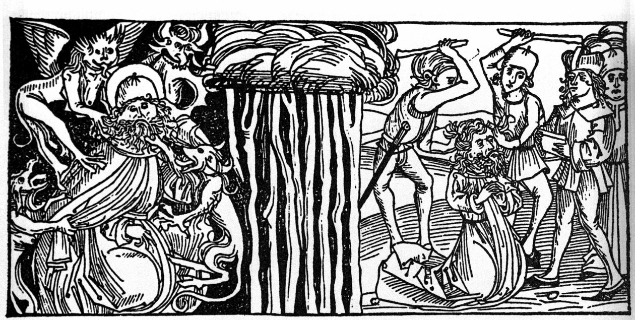 Nagy Szent Antal (vagy Remete Szent Antal vagy Apát Szent Antal) kísértései, jobb oldalon pedig az utána végzett vértanúság. A Voragine-i Jacobus (James) (1228-1298) metszete a „Leben der Heiligen - sommerteil”-ből (A szent könyve). L alkotó: Unknown artist