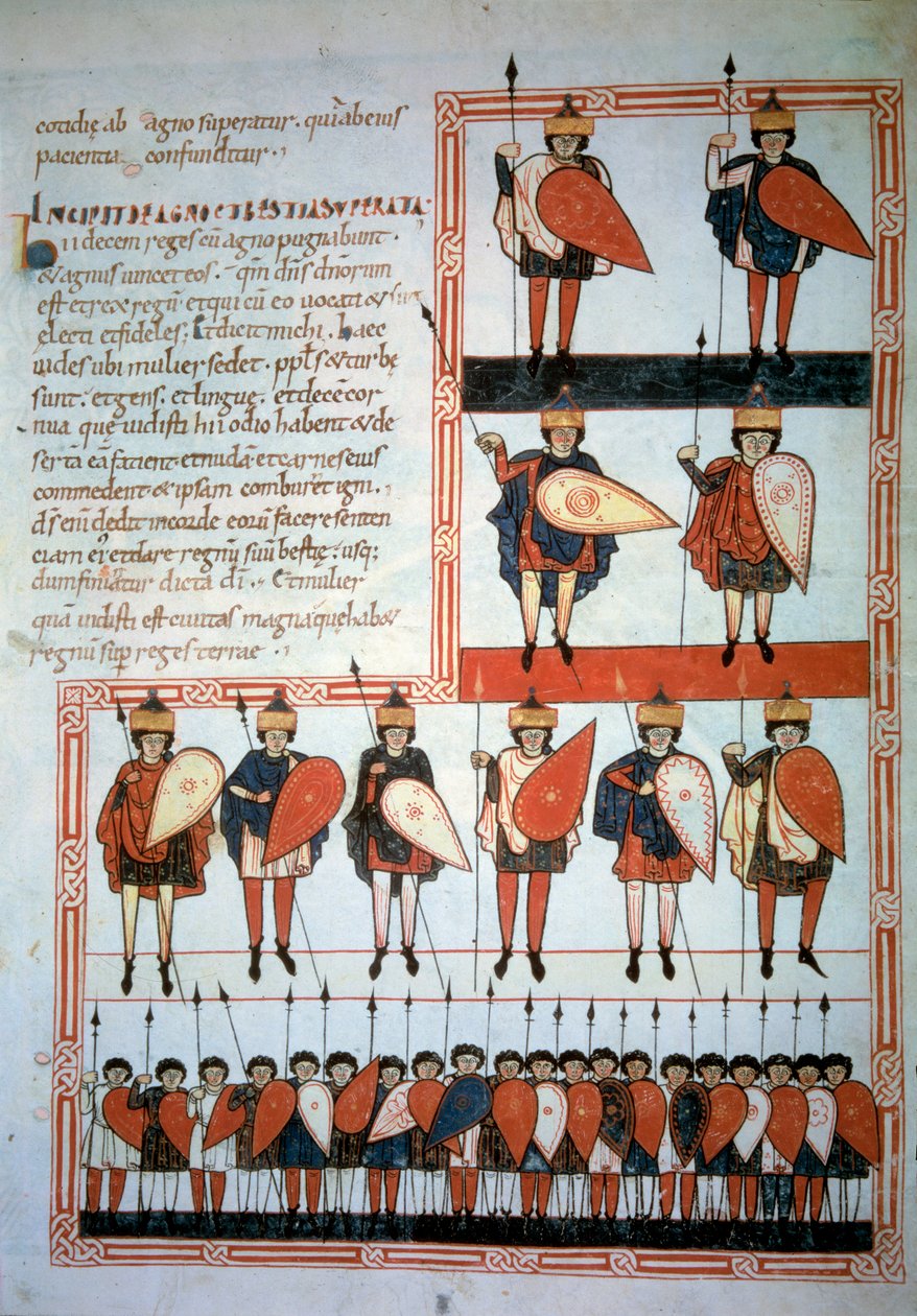 Az apokalipszis tíz királya lándzsák és pajzsok fegyverei csapataikkal. Miniatűr a „Beatus de Liebana, Kommentár az apokalipszishez” című filmben (Folio 193), Stephanus Garcia alkotó: Unknown artist