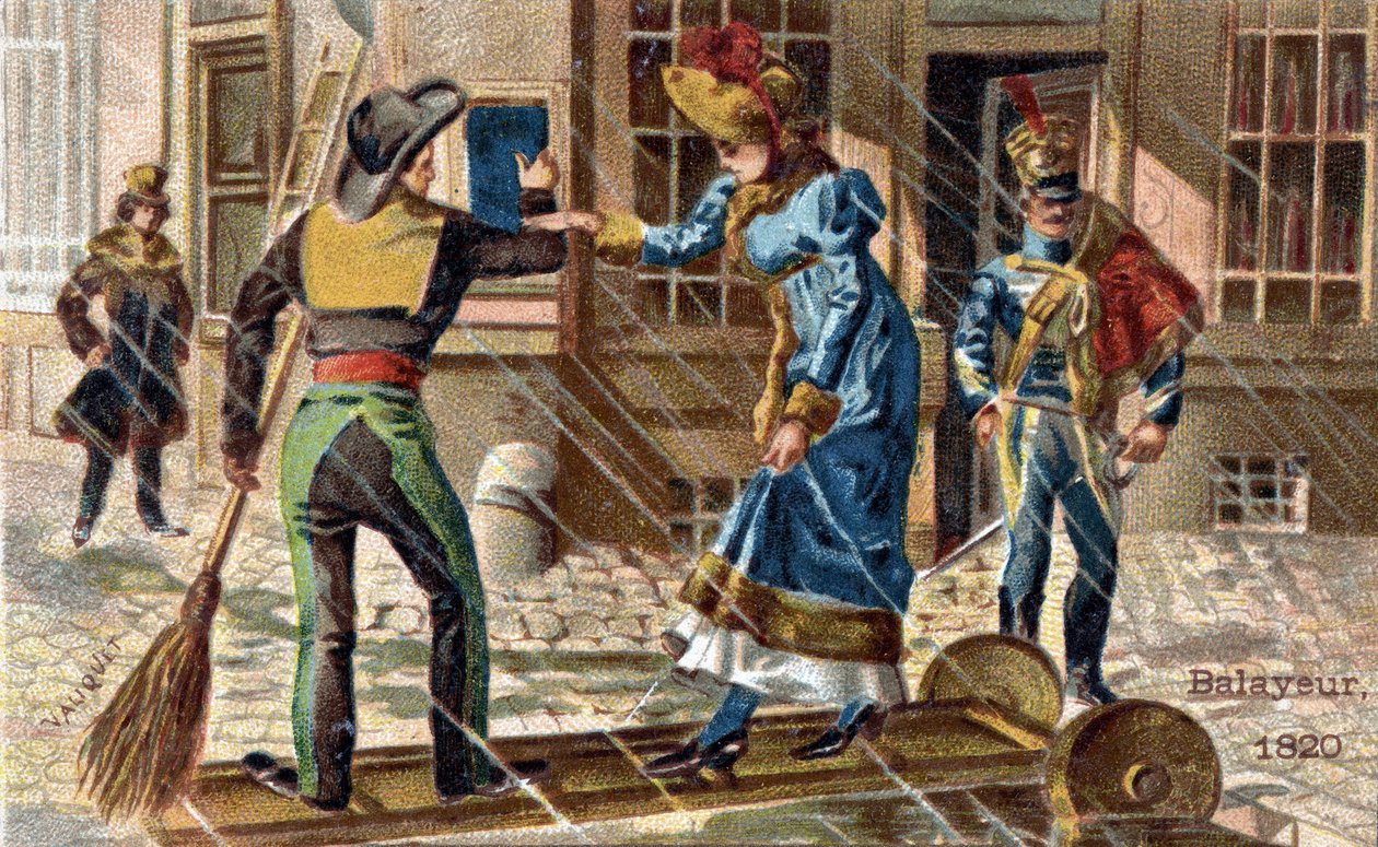 Seprőgép mestersége 1820-ban: egy seprőgép, aki egy fiatal nőnek segít átkelni a tócsán. alkotó: Unknown artist