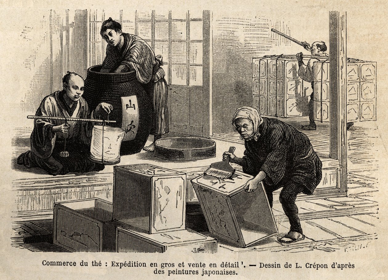 A tea kereskedelme: nagy- és kiskereskedelmi szállítmányozás. Aime Humbert, a Svájci Államszövetség minisztere 1863-1864-es metszete a japán utazás szemléltetésére, megjelent a „Le tour du monde”” 1869-ben, Edouard Charton szerkesztője, Hachette kiadás, Pa alkotó: Unknown artist
