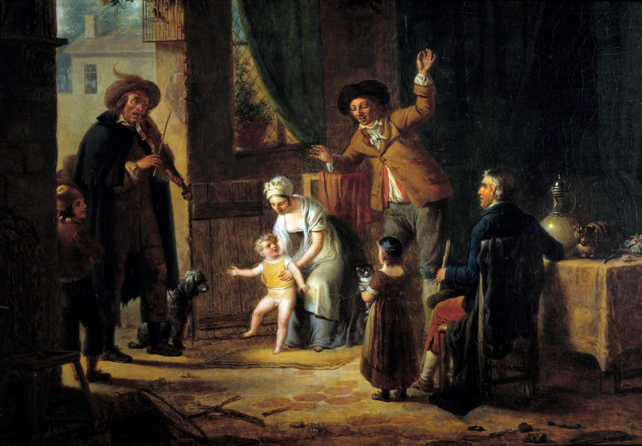 Az utazó zenész Egy hegedűművész zenél egy családi ház ajtajában. Névtelen festmény. 1819 Párizs, Dekoratív művészet alkotó: Unknown artist
