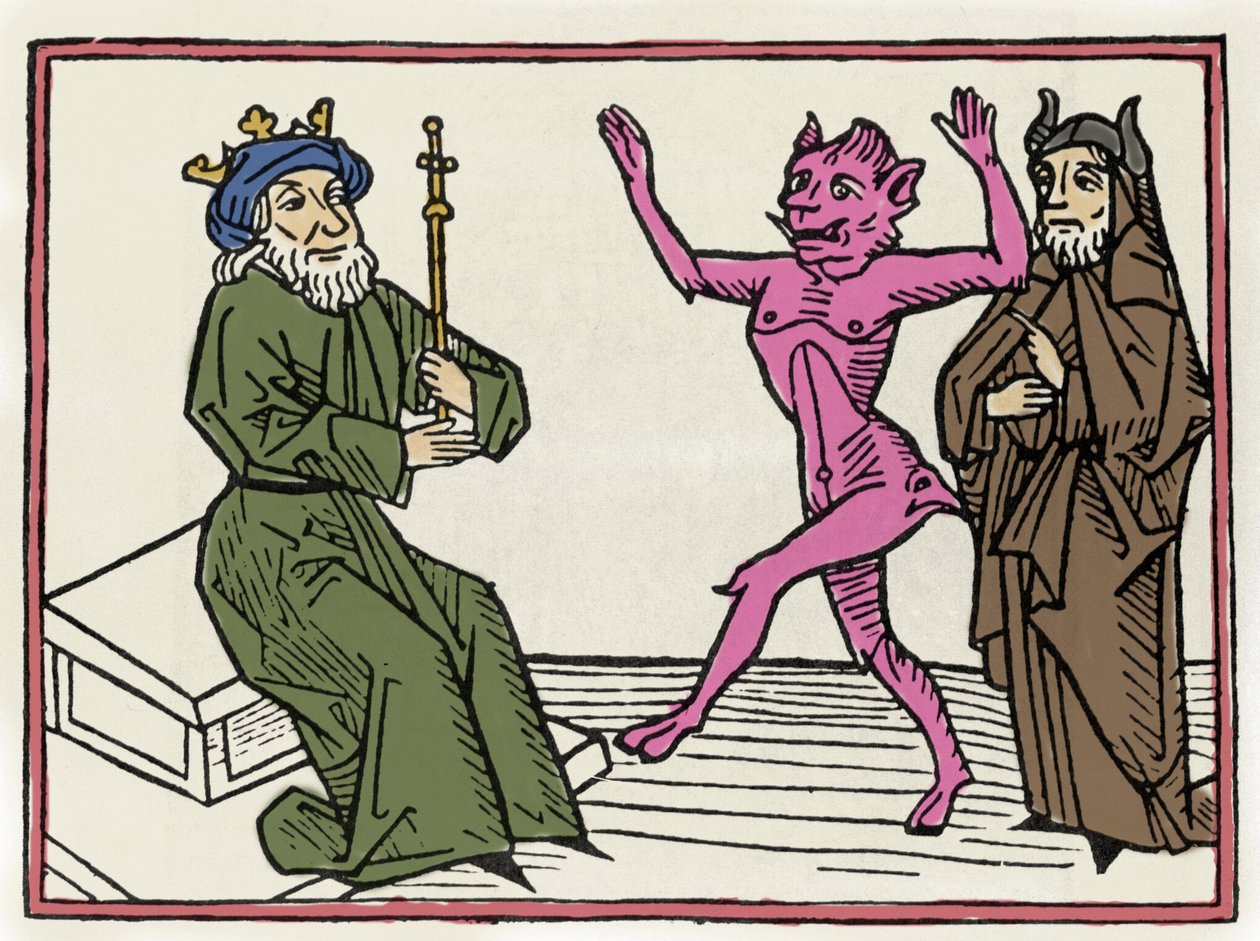 Belial tárgyalása: "" A démon Belial táncol Salamon bíró előtt"" Metszet a "Béliál tárgyalása" című könyvéből, Jacobus de Teramo (vagy Palladino), Ausburg alkotó: Unknown artist