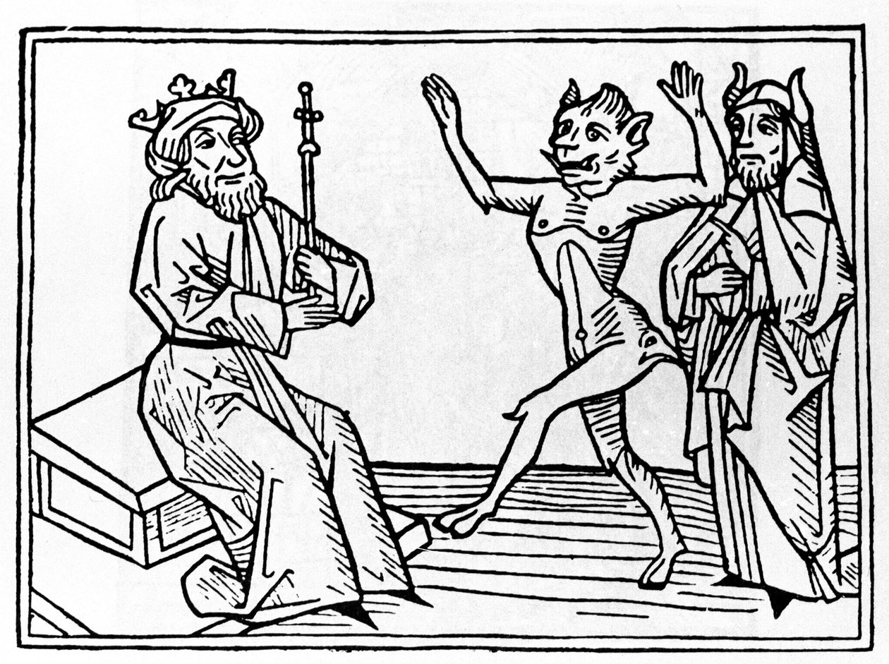 Belial tárgyalása: "" A démon Belial táncol Salamon bíró előtt"" Metszet a "Béliál tárgyalása" című könyvéből, Jacobus de Teramo (vagy Palladino), Ausburg alkotó: Unknown artist