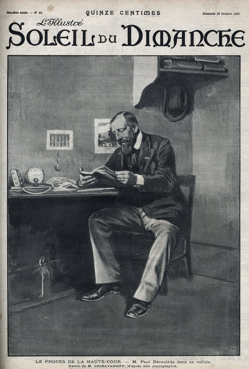 A Legfelsőbb Bíróság tárgyalása: Paul Deroulede (1846-1914), francia író és nacionalista aktivista, aki a dreifuzizmus elleni küzdelem fontos szereplője, cellájában február 23-i puccskísérletét követően. Metszet a „Le sun-du-dimanche”-ban, október 29 alkotó: Unknown artist