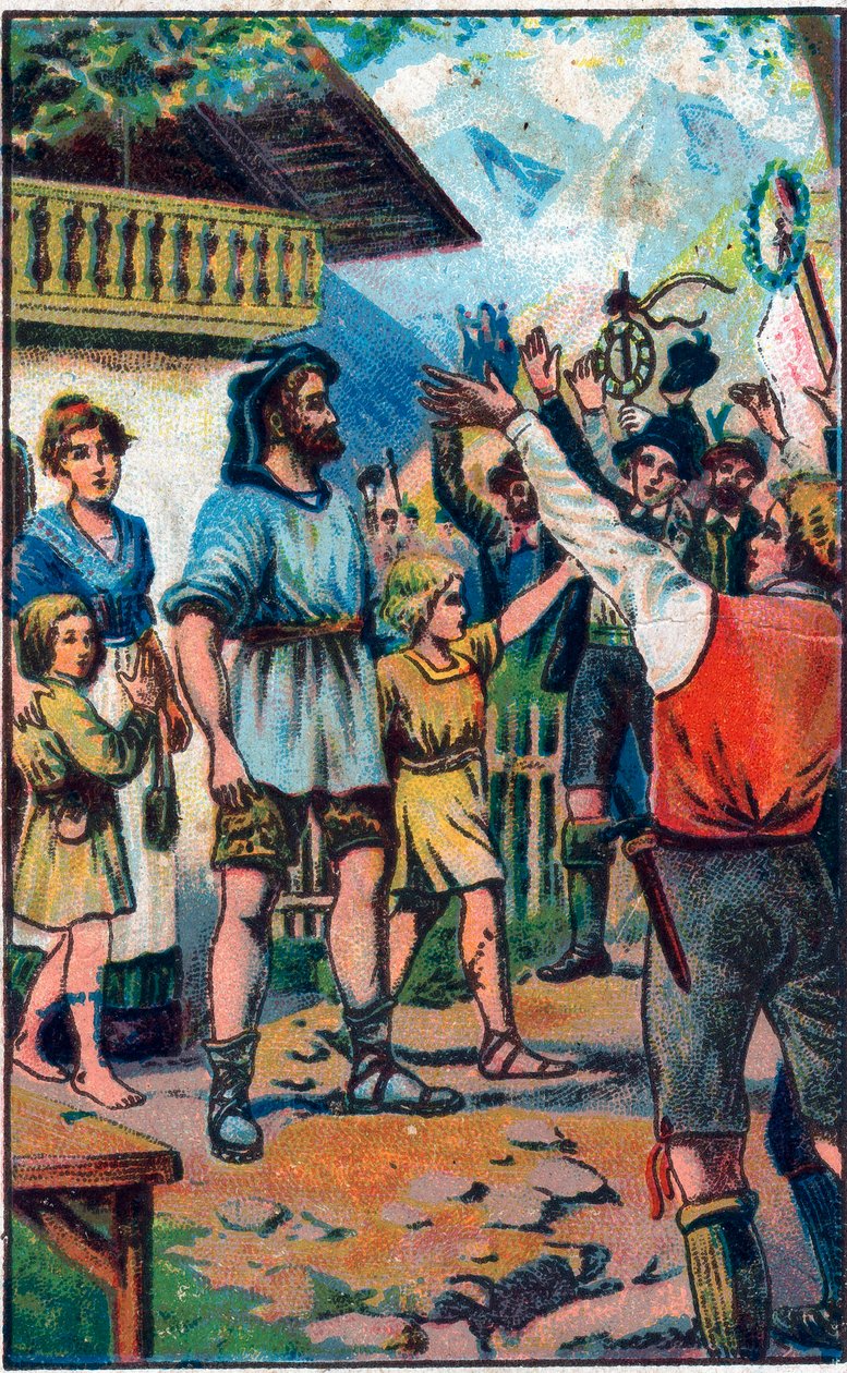 Confedere tisztelgése Guillaume Tell (William Tell) (Svájc függetlenségének legendás hőse) előtt A 19. század végének kromolitográfiája. alkotó: Unknown artist