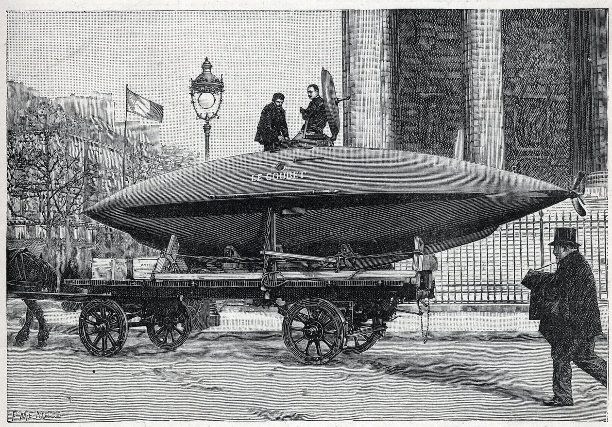 A kísérletekhez szállított „Le Goubet” víz alatti hajó (tengeralattjáró) a párizsi Place de la Madeleine mellett halad el. Metszet a "" La Nature"-be alkotó: Unknown artist