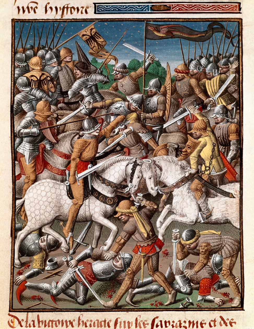Hérakleiosz bizánci császár (Herakleios (körülbelül 575-641)) győzelme a sarrazinok felett, a „Le miroir historial” (Speculum Historiale) (1196 fol. 65 v.) című sarrazinok felett, Vincent de Beauvais (1190-1264) franciára fordította Jean de Vignay alkotó: Unknown artist