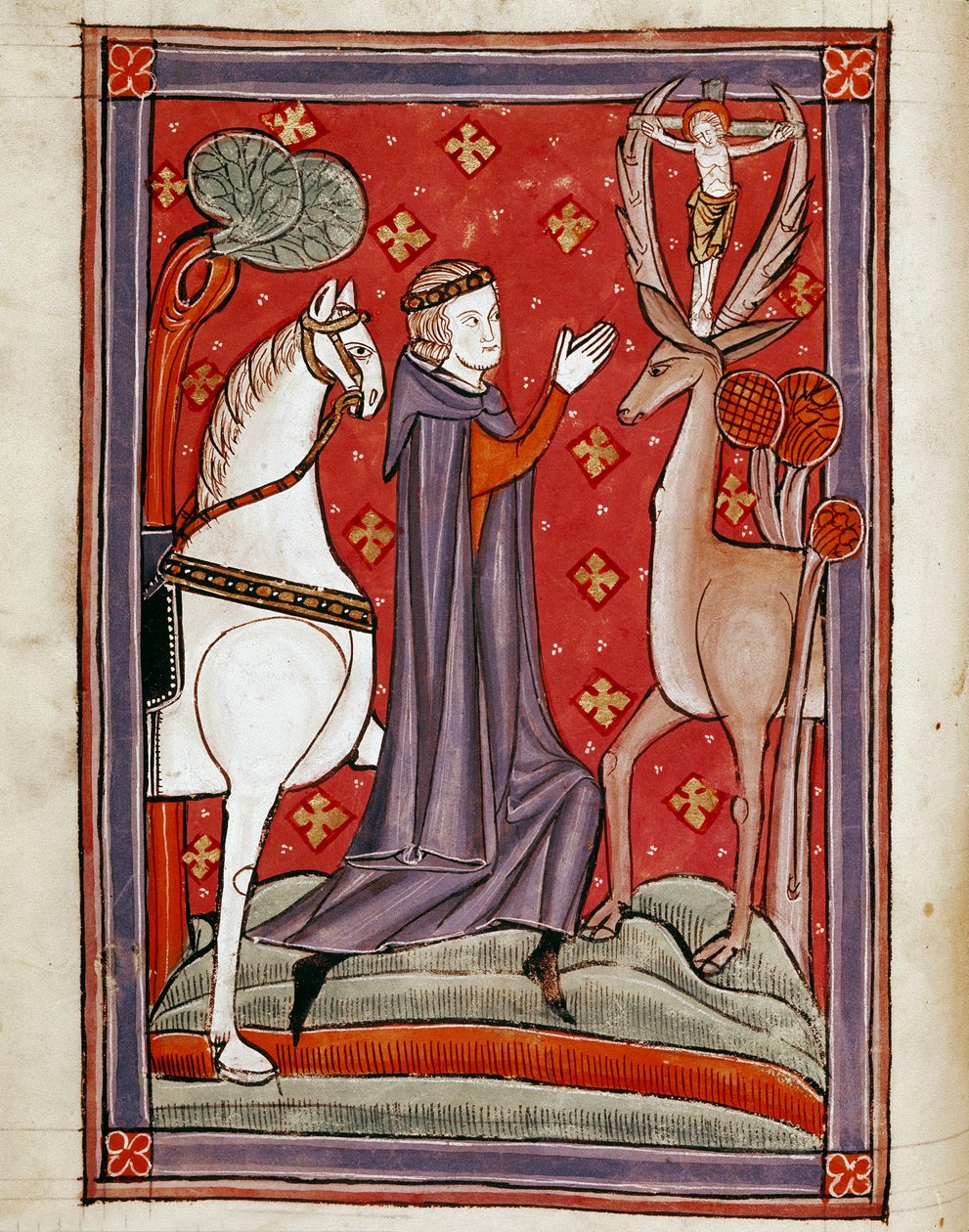 Szent Eustacius látomása Szent Eustachius erdei között keresztre feszítő Krisztus-képét viselő szarvassal néz szembe. Miniatűr egy 13. századi kéziratból. Biblioteca Marciana, Velence alkotó: Unknown artist