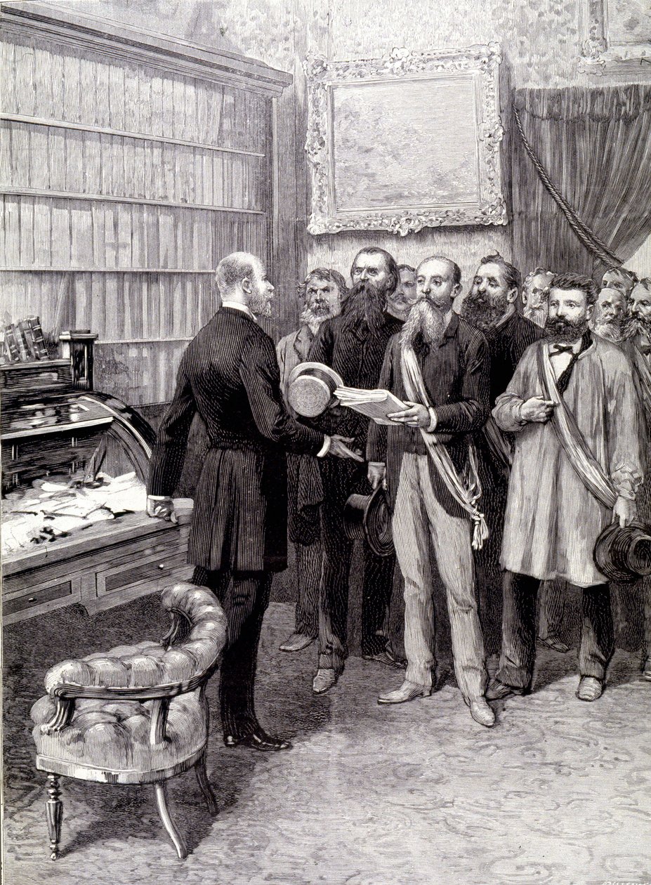 A munkásküldöttek látogatása a Palais Bourbonban (Jules Guesde, Ferroul úr, Baudin úr és Thivrier úr) az elnökség főtitkáránál: Martin úrnál a május 1-i tüntetés során alkotó: Unknown artist