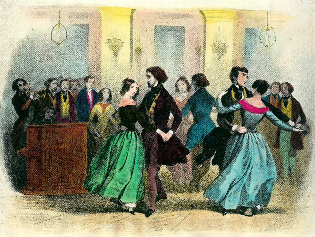A keringő: egy labda a középosztályban. 19. századi litográfia. alkotó: Unknown artist