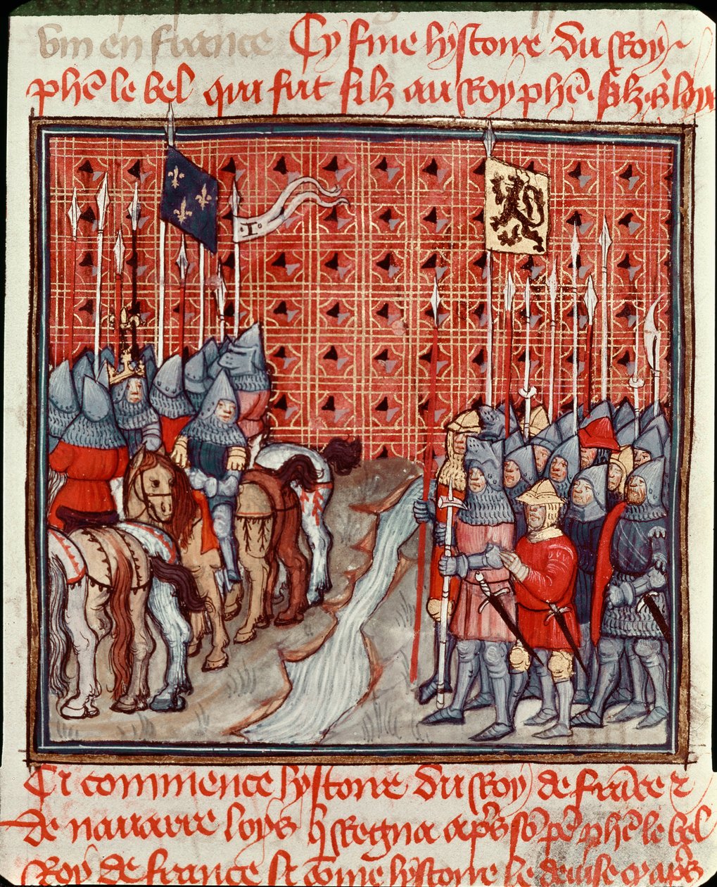 IV. Bél Fülöp (1268-1314) fegyverei egy folyó partján találkoznak egy ellenséges miniatűr hadsereggel a „Les grandes Chronles de France” 14. századi Chantilly-ből, Musee Conde. alkotó: Unknown artist