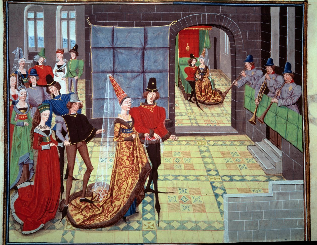 Renaud és Clarisse esküvője, a háttérben a nászéjszakán. Miniatűr Loyset Liedet „Renaud de Montauban” vagy „Les quatre fils Aymon” kéziratából (aktív 1448 és 1478 között). Ms. 5073. 15. századi Bibliotheque de l