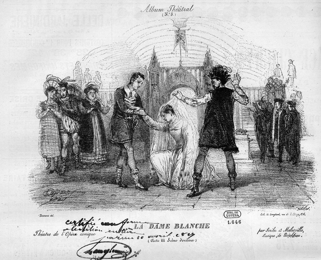 A fehér hölgy az 1825-ös eredeti jelmezekben. Francois Adrien Boieldieu (1775-1834) opera három felvonásban. Metszet a „” Le Monde Illustré”-ben alkotó: Unknown artist