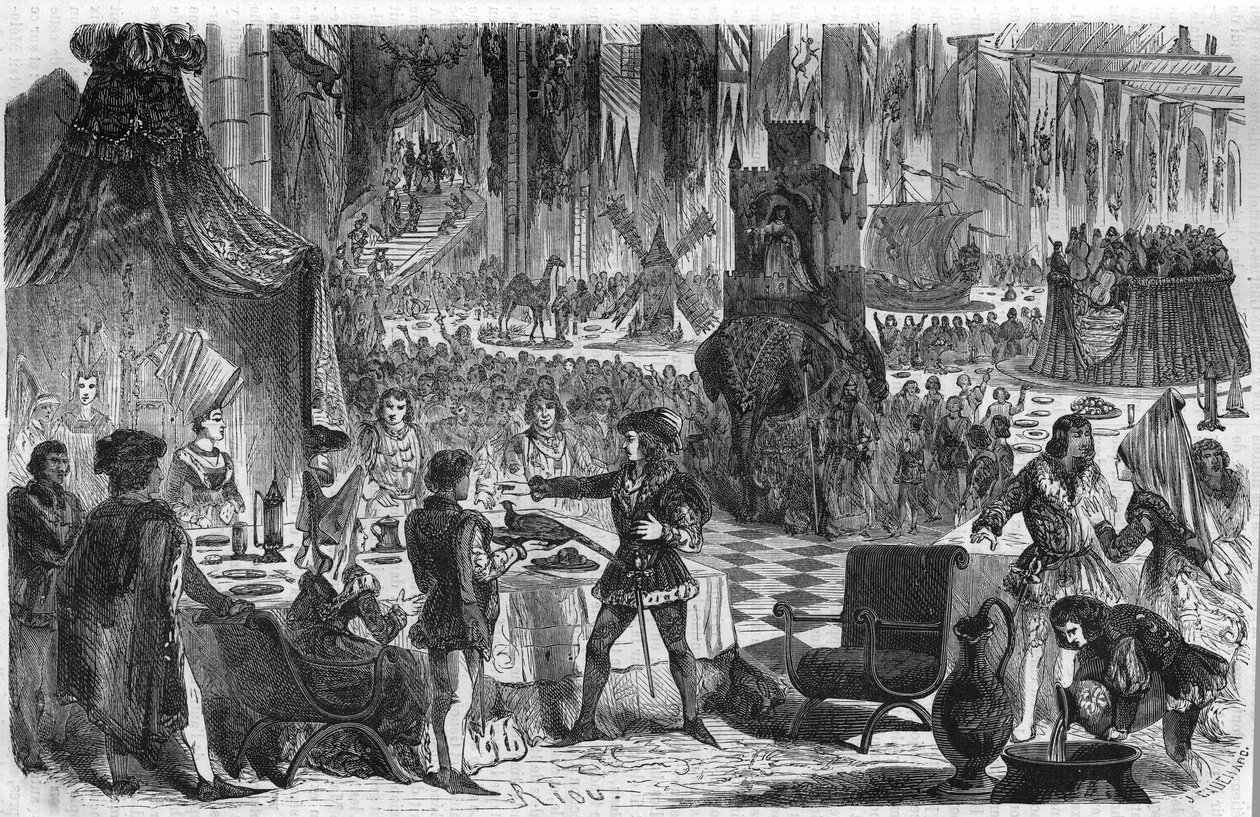 A fácán kívánsága. Fülöp III. Le Bon, Burgundia hercege (1396-1467) 1454. február 17-én csatlakozott a konstantinápolyi császárhoz egy bankettre a Salle de Lille szállodában. századi metszet. alkotó: Unknown artist