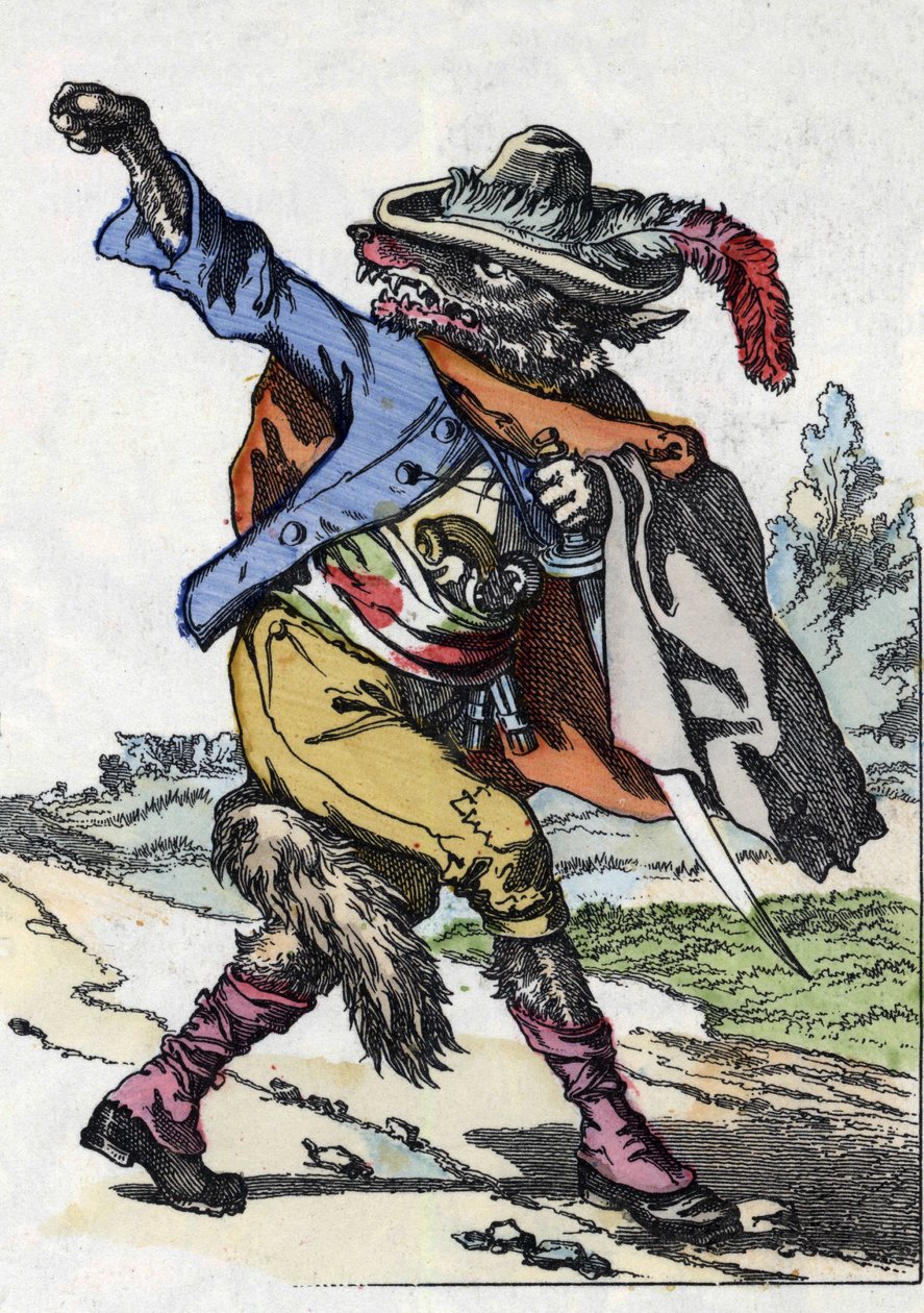A farkas. A „Compere le Loup, Maitre Renard, Comere la Chevre et ses petits biquets” című mese illusztrációja Jean de la Fontaine meséje után. A „” Mesék otthonról a kicsiknek” c. századi névtelen metszet. alkotó: Unknown artist