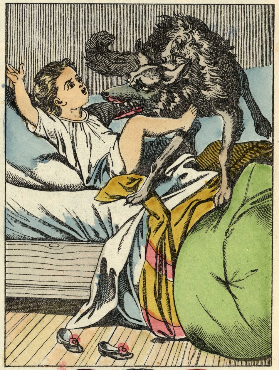 A farkas megveri a Piroska. Illusztráció Charles Perrault „A Piroska” című meséjéről alkotó: Unknown artist