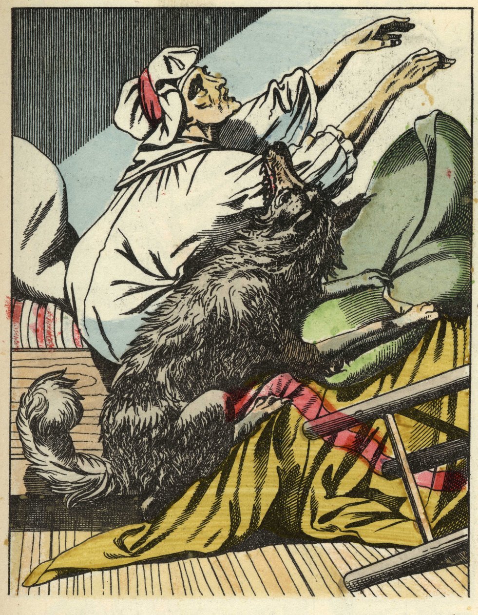 A farkas megveri Piroska nagymamáját. Illusztráció Charles Perrault „A Piroska” című meséjéről alkotó: Unknown artist