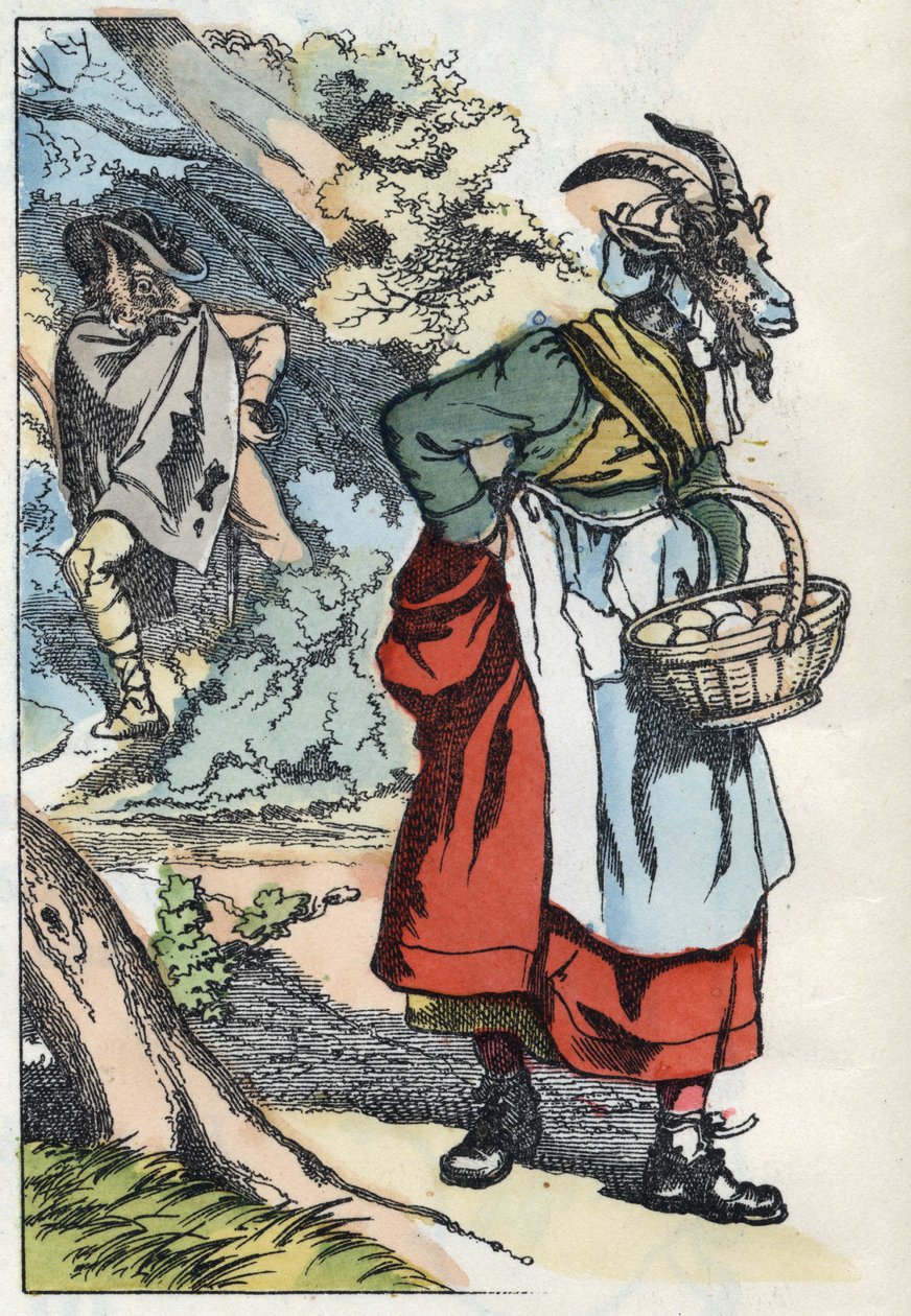 A farkas az otthonát elhagyó kecskét keresi. A „Compere le Loup, Maitre Renard, Comere la Chevre et ses petits biquets” című mese illusztrációja Jean de la Fontaine meséje után. A „” Mesék otthonról a kicsiknek” c. Névtelen metszet alkotó: Unknown artist