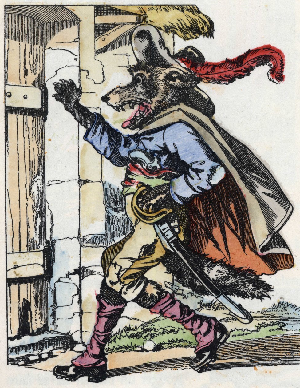 A farkas kopogtat a bikettház ajtaján. A „Compere le Loup, Maitre Renard, Comere la Chevre et ses petits biquets” című mese illusztrációja Jean de la Fontaine meséje után. A „” Mesék otthonról a kicsiknek” c. Névtelen metszet o alkotó: Unknown artist