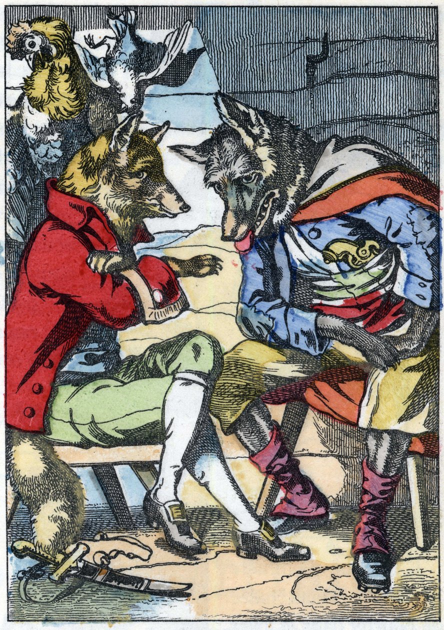 A farkas ismét találkozik a rókával. A „Compere le Loup, Maitre Renard, Comere la Chevre et ses petits biquets” című mese illusztrációja Jean de la Fontaine meséje után. A „” Mesék otthonról a kicsiknek” c. századi névtelen metszet. alkotó: Unknown artist