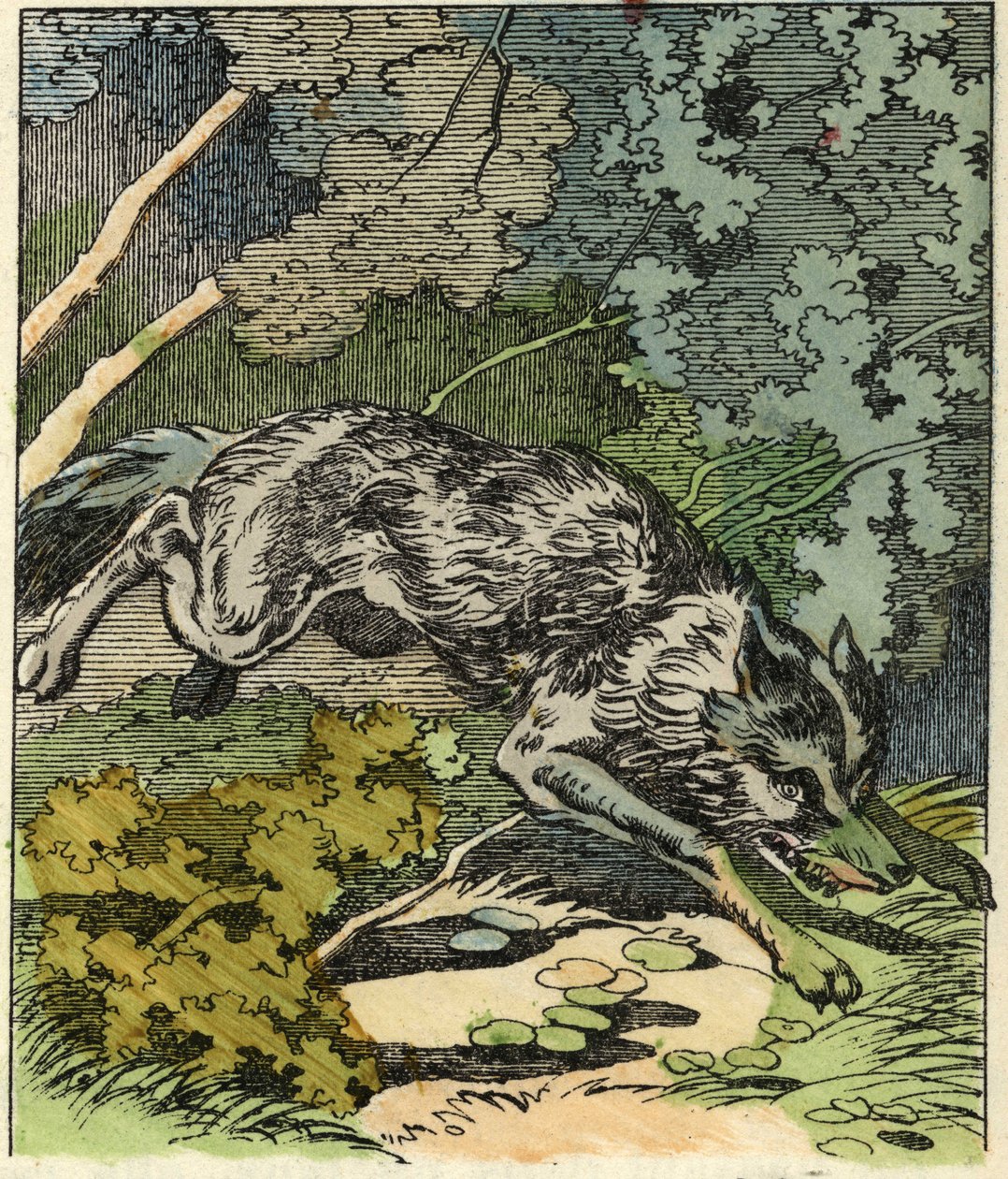 A farkas a nagymama házához fut. Illusztráció Charles Perrault „A Piroska” című meséjéről alkotó: Unknown artist