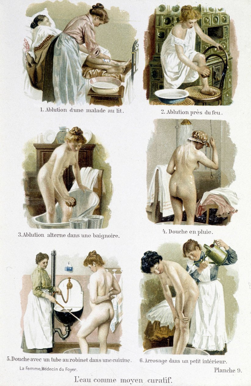 A nő, háziorvos: a víz, mint gyógymód. 1.Beteg ápolása az ágyban, 2.Tűzöntözés, 3.Fürdőkádban váltakozva, 4.Esőzuhany, 5.Zuhanyozás konyhai csapteleppel, 6.Öntözés kis belsőben - ben. A nő, háziorvos”” alkotó: Unknown artist